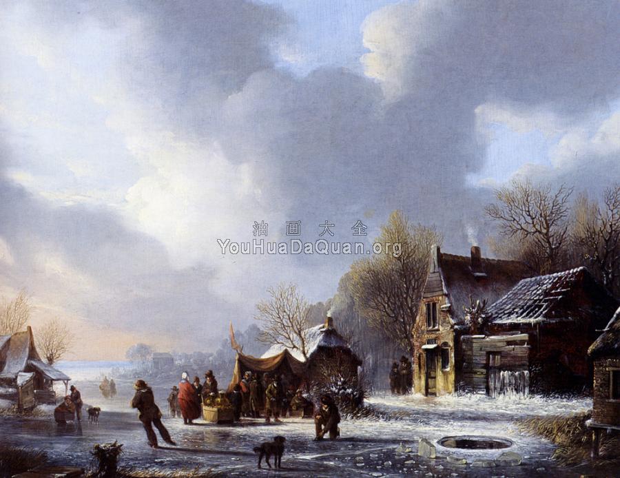 Skaters On A Frozen River Near A koek En Zopie - 雅各布斯·范·德·斯托克